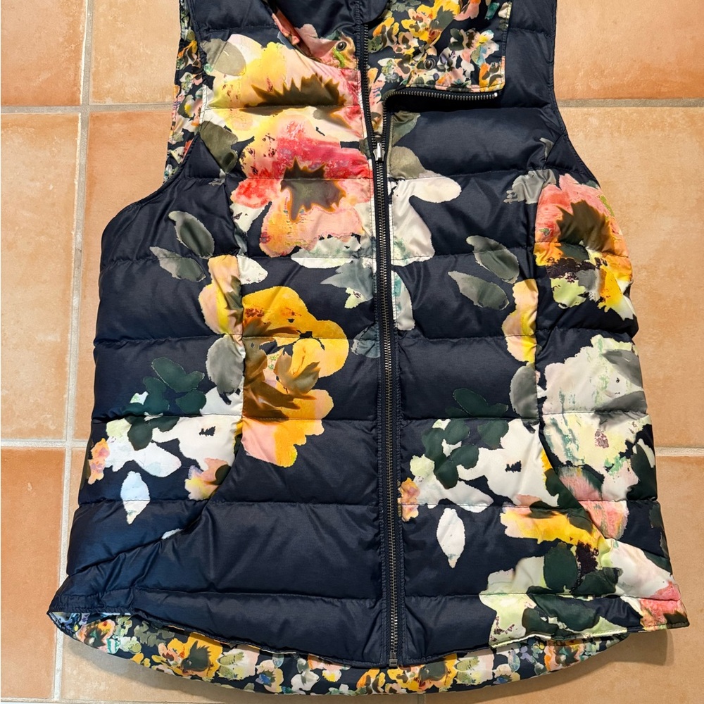 Anthropologie Floral Puffer Vest - Navy and Multicolor